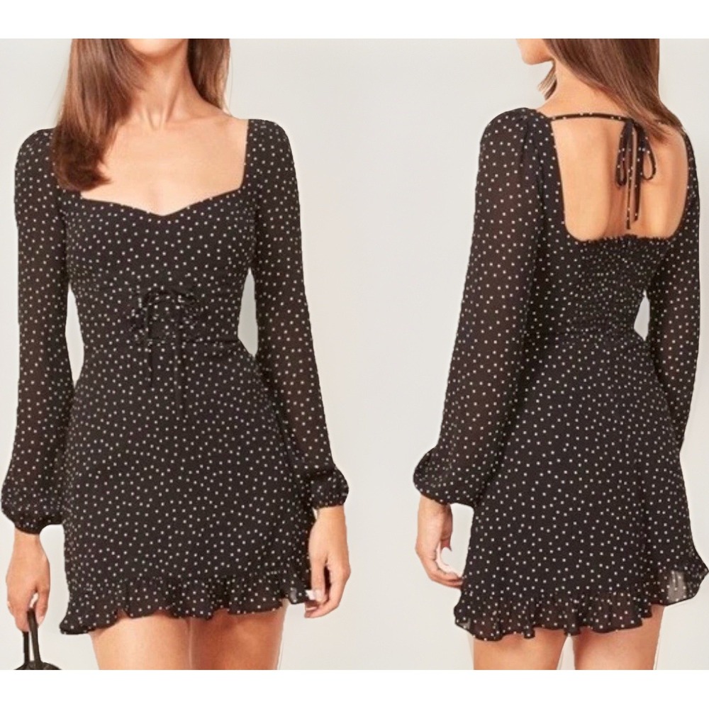 REFORMATION Bradshaw Mini Dress in Selene Black and White Polka Dots SIZE‎ 6